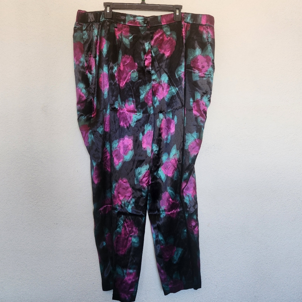 BP X WILDFANG womens black playful satin purple floral pants pockets sz 3X GUC